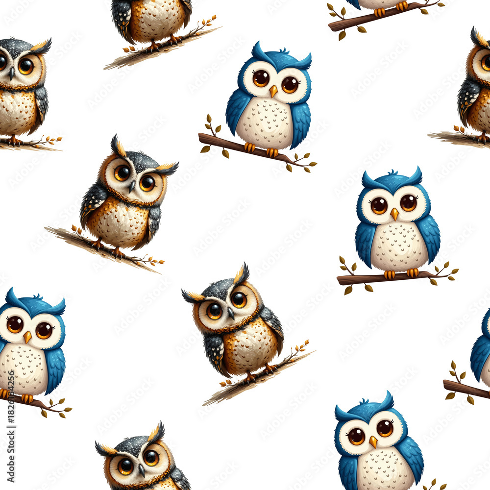 Fototapeta premium a beautiful owl, a predatory forest bird. Seamless texture, pattern. Watercolor illustration, artificial intelligence generator, AI, neural network image. background for the design