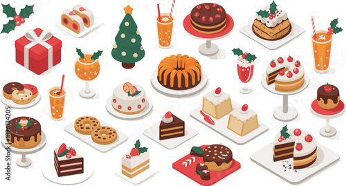 Festive Christmas dessert collection in isometric style featuring cakes, donuts, pastries, cookies, sweets, holiday treats, drinks, and decorations