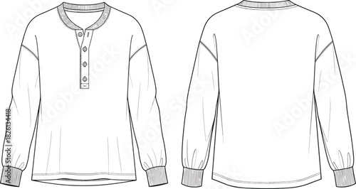 Henley shirt technical flat sketch, long sleeve top illustration, detailed apparel design template, unisex fashion drawing for garment construction and production, vector outline