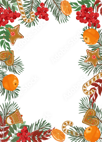 A Christmas frame with fir branches, rowan berries, gingerbread, gifts, and tangerines. With space for your text. Vector illustration.