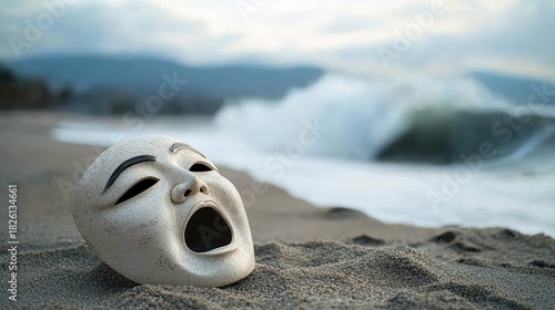 A white theater mask with an open mouth and exaggerated expression sits on a sandy beach. In the background, a large wave crashes under a cloudy, moody sky.