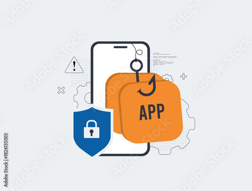 Mobile security app spoofing attack risk. Application spoofing interfaces mimic trusted screens trick users into giving access across vulnerable services in modern platforms vector illustration