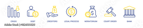 Bankruptcy Line Color Icon Set For Web Banner. Vector Illustration Concept With Some Icons. Designed In Line Color Style