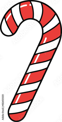 A classic flat vector illustration of a red and white striped Christmas candy cane, featuring a curved hook shape
