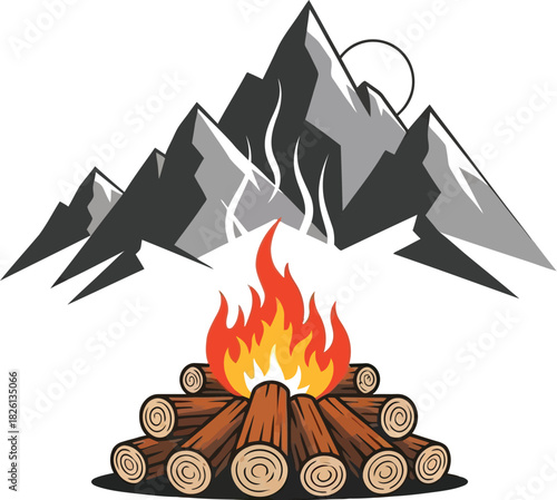 Campfire burning brightly with mountain range silhouette in the background art