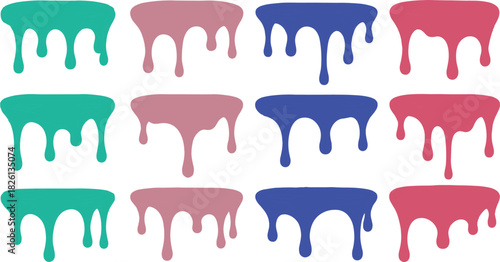 Glossy black dripping liquid vector set with smooth flowing drops, shiny melt shapes, dark slime drip elements for graphic design