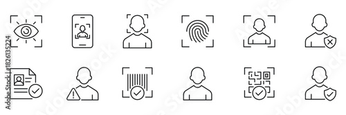 Biometric Identification line Icon set. Face id line icon set. Verification and identity line icon set. Includes fingerprint, face ID, recognition and more icons.