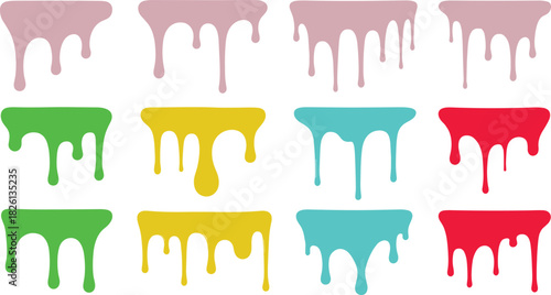 Glossy black dripping liquid vector set with smooth flowing drops, shiny melt shapes, dark slime drip elements for graphic design