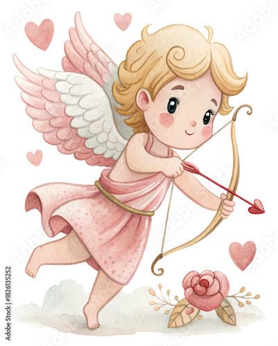 Vintage Cupid Valentine Watercolor Illustration 