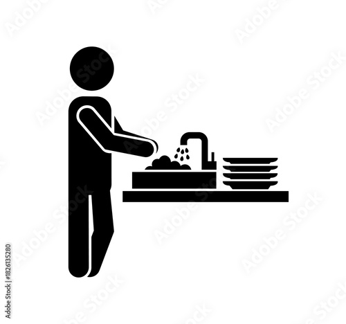 Stickman Washing Dishes at Kitchen Sink – Dishwashing, Cleaning Plates, Simple Pictogram Illustration.
