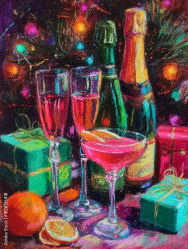 Celebration scene with champagne bottles, glasses, and gifts. Festive atmosphere with sparkling lights for New Year and Winter Holidays.