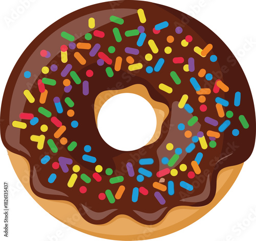 Delicious donut with chocolate frosting and colorful sprinkles on a white background