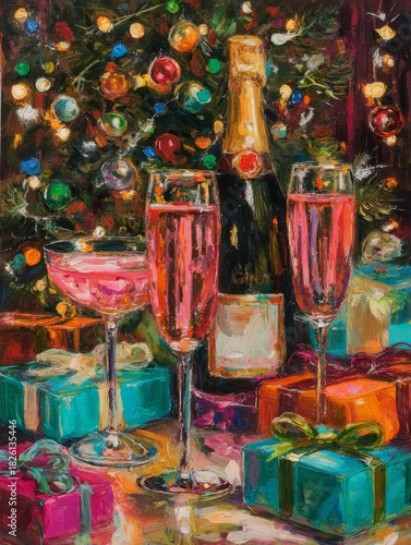 Still life oil painting of a champagne bottle and glasses of sparkling wine with Christmas tree background. Holiday celebration and gift concept.