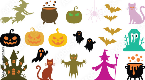Halloween icon collection with pumpkins, ghosts, bats, witch, black cat, cauldron, spider and graveyard elements for spooky seasonal vector design