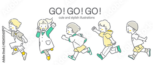 未来に向かって元気に走る子供たち　かわいくてお洒落な線画イラスト