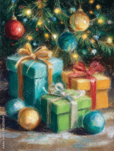 Christmas tree with many colorful gift boxes and shiny holiday ornaments. Holiday season concept for present and celebration.