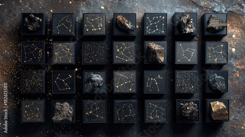 Celestial constellation display with rocks on black boxes