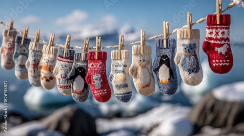 Colorful knit mittens hanging on clothesline against snowy arctic landscape