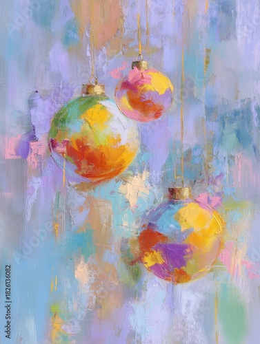 Abstract oil painting of colorful Christmas ornaments hanging. Textured holiday decoration art with vibrant palette for festive greeting card.