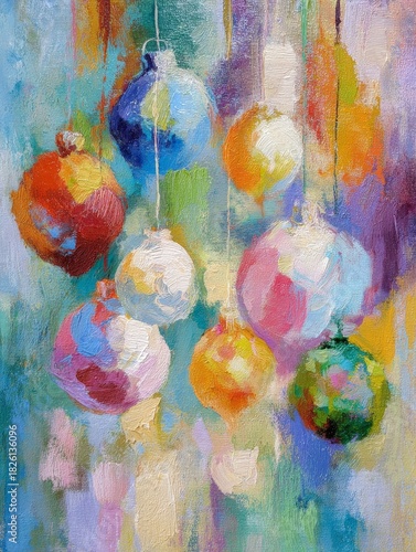 Beautiful oil painting with colorful Christmas ball hanging on string. Elegant winter holiday decoration object with abstract background for greeting card.