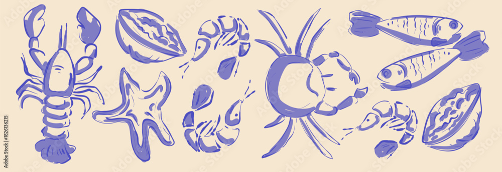 Fototapeta premium Italian summer seafood sketch set with sea creatures - lobster and crab, shrimps and starfish, mussels and fish. Hand drawn blue ink beach food. Mediterranean cuisine icons for coastal restaurant.