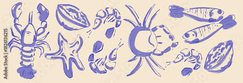 Italian summer seafood sketch set with sea creatures - lobster and crab, shrimps and starfish, mussels and fish. Hand drawn blue ink beach food. Mediterranean cuisine icons for coastal restaurant.