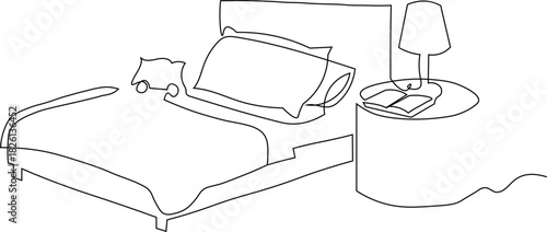 Continuous one line drawing of double bed in bedroom. Modern interior and heim furniture in simple Linear style. Doodle outline vector illustration