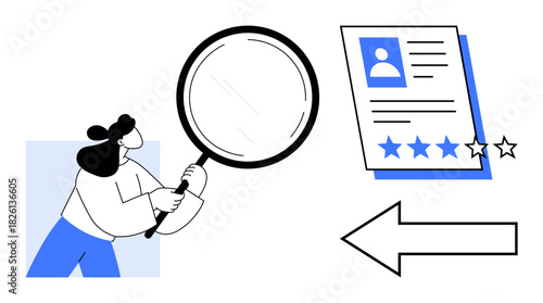 Female reviewing profile details on a document with magnifying glass, next to a star rating chart and arrow. Ideal for recruitment, hiring, evaluation, analysis, feedback, quality decision. Flat