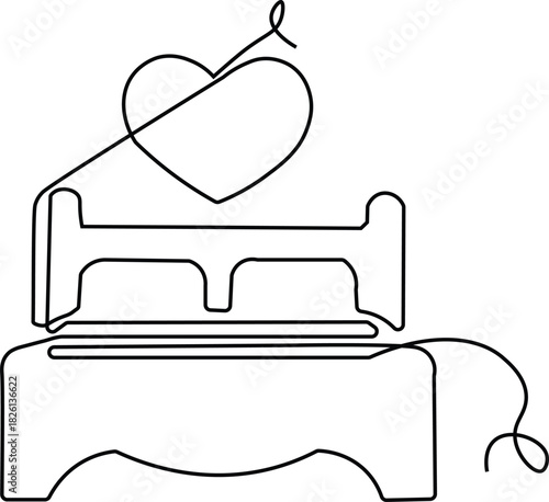 Continuous one line drawing of double bed in bedroom. Modern interior furniture in simple Linear style. Doodle outline vector illustration