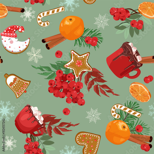 A festive New Year's design featuring berries, fir branches, and beverages. This seamless vector illustration is perfect for decorating textiles and packaging.