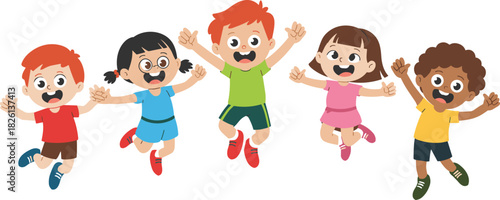 Happy cartoon children jumping together, kids celebrating friendship and fun activity, cheerful group illustration for education, playground, teamwork, joy