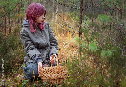 Young girl mushroom picking in autumn forest