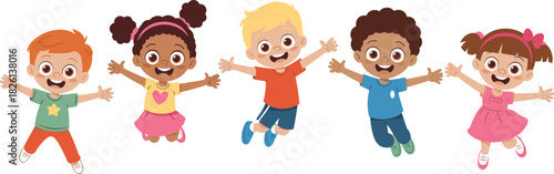 Happy diverse children jumping together in playful cartoon style, cheerful kids group illustration celebrating fun activity, joyful childhood moment, vibrant artwork