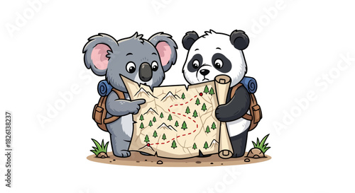 Koala and panda bear wearing backpacks studying hiking map pointing out route, cute animal friends planning adventure on white background, outdoor exploration concept