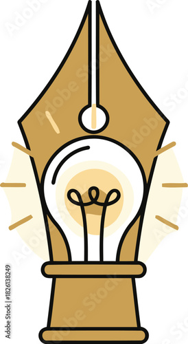 Creative writing and design inspiration is depicted by a fountain pen combined with a bright lightbulb