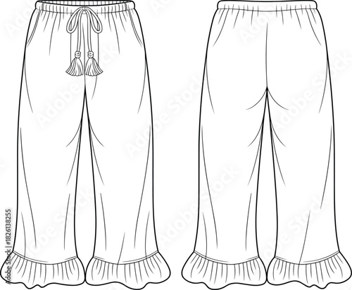 Loose ruffle hem pants fashion flat sketch with drawstring waist and tassel ties, technical apparel design template for clothing illustration