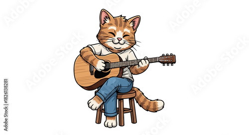 Relaxed tabby cat playing acoustic guitar sitting on stool isolated on white background digital art illustration vector graphics design