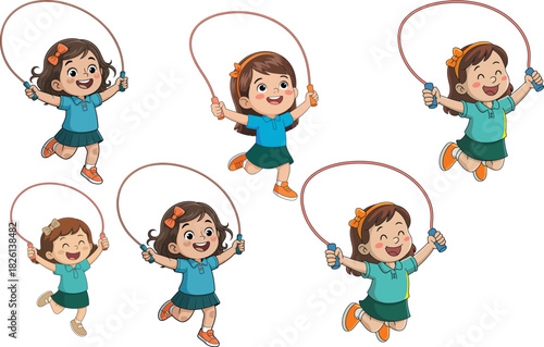 Happy smiling cartoon girl jumping rope in playful outdoor activity illustration, energetic child skipping with joyful expression and cheerful movement