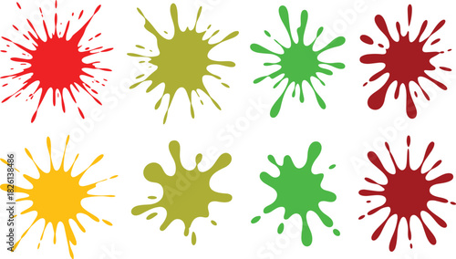 Ink splatter vector set with black paint splash shapes, abstract grunge blot elements, messy artistic splat collection, creative design stains, isolated