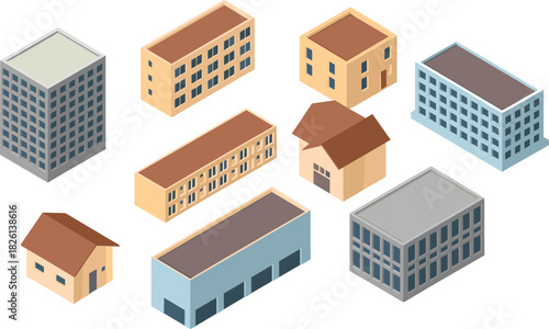 Isometric 3D illustration of various residential and commercial buildings, modern city architecture elements, urban property structures and real estate design collection