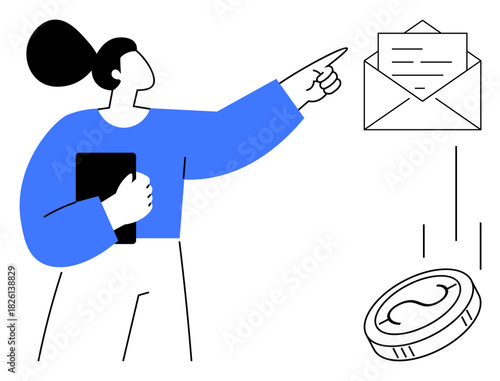 Woman holding tablet, pointing to email and falling coin, symbolizing communication, finance, success, technology, marketing, decision-making and financial technology. Clean lines simple flat