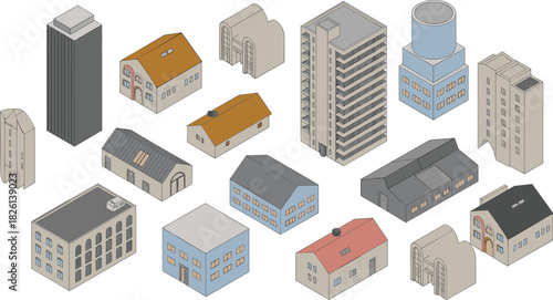 Isometric 3D illustration of various residential and commercial buildings, modern city architecture elements, urban property structures and real estate design collection