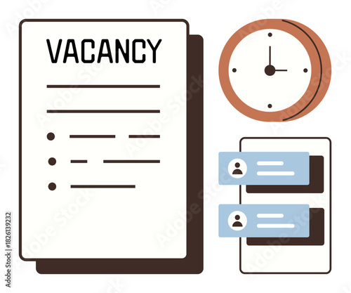 Vacancy document, clock, and applicant profiles symbolizing job openings, recruitment, and employee selection. Ideal for HR, hiring management, job search, career planning business recruitment