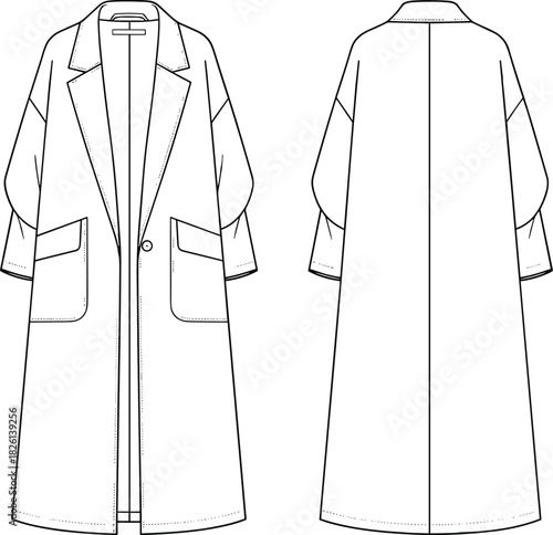 Oversized long coat fashion template with wide lapels and large pockets, detailed front and back flat sketch, vector garment design illustration