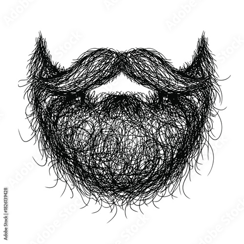 Black and white drawing of a thick, messy beard and mustache