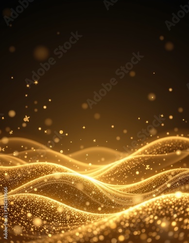 A vertical New Year greeting card featuring soft golden light waves rising upward across a deep grad