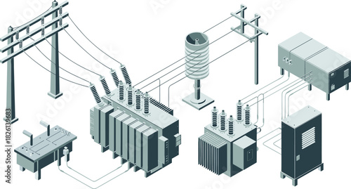 -Isometric electrical substation with power transformers, circuit breakers, transmission poles, control units, high voltage equipment, energy distribution system illustration
