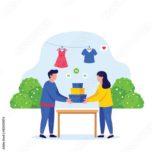 Man and woman exchanging or donating stacked clothing boxes outdoors