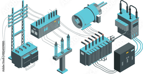 -Isometric electrical substation with power transformers, circuit breakers, transmission poles, control units, high voltage equipment, energy distribution system illustration