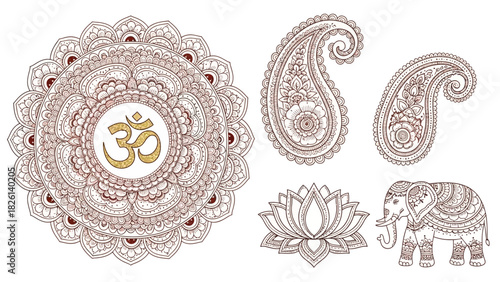 Ornate Indian vector elements with Mandala frame, Paisley motif, and lotus for cultural festival design